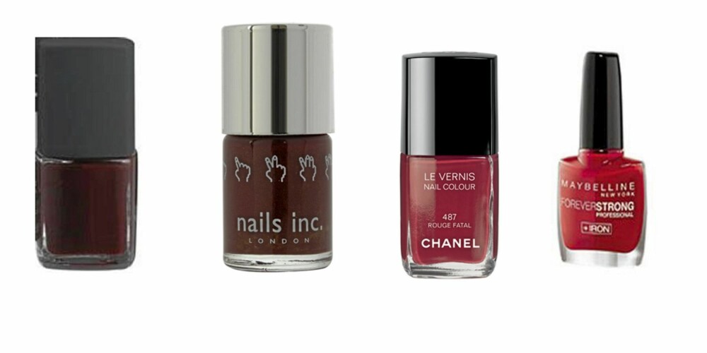 RØDTOMER: NARS Burgundy (kr 80), St Martins Lane (kr 100), Chanel 487 Le Vernis Rouge Fatal (kr 200), Maybelline Forever Strong (kr 88) RØDTOMER: NARS Burgundy (kr 80), St Martins Lane (kr 100), Chanel 487 Le Vernis Rouge Fatal (kr 200), Maybelline Forever Strong (kr 88)