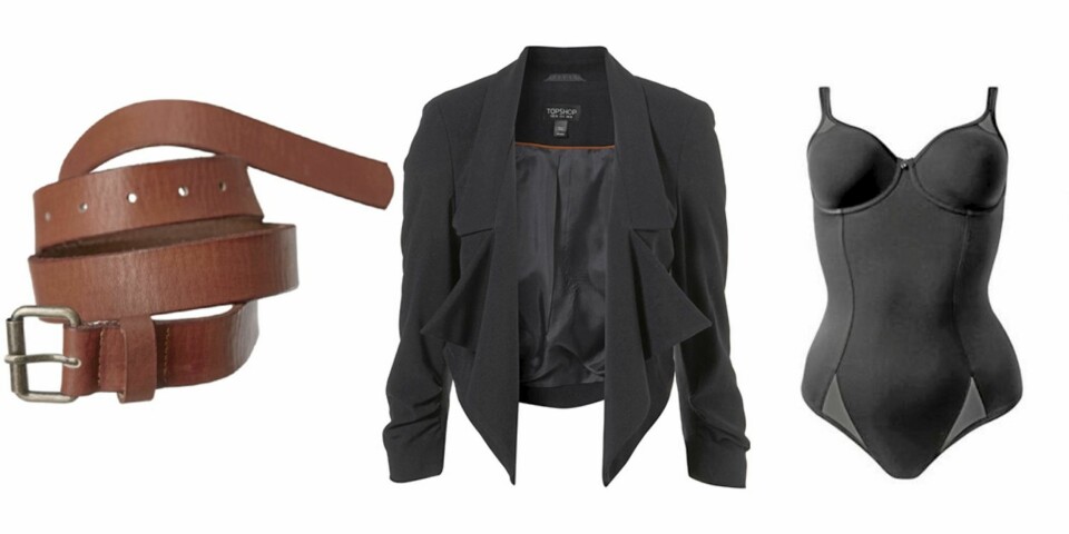 FRA VENSTRE: Belte (kr 149, Gina Tricot), Blazer (kr 500, Top Shop), Body (kr 599, Triumph)