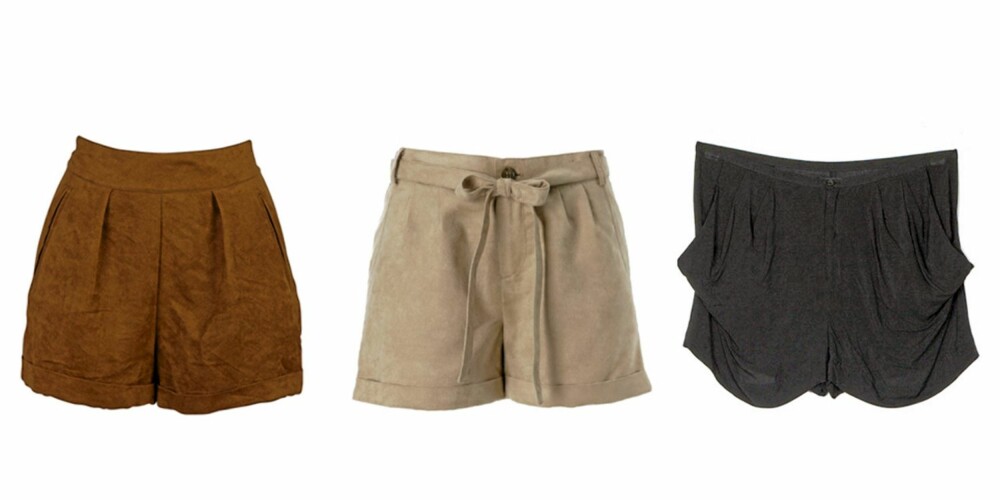 FRA VENSTRE: Shorts fra Bik Bok (kr 249), shorts fra Gina Tricot (kr 249) og shorts fra Cheap Monday (kr 500).