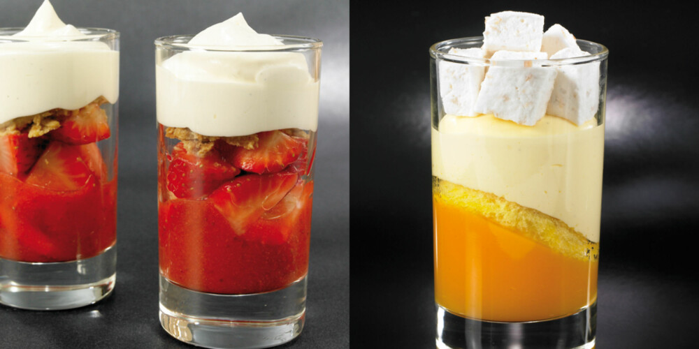 I GLASS: Jordbær med pastis og mousse av hvit sjokolade (venstre) og tindvedgele med vaniljebavaroise og kokosmarsmallows (høyre). I GLASS: Jordbær med pastis og mousse av hvit sjokolade (venstre) og tindvedgele med vaniljebavaroise og kokosmarsmallows (høyre).