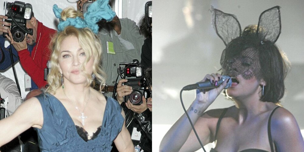 MADONNA OG LILY ALLEN: Madonna med en Louis Vuitton-kreasjon på hodet, og Lily Allen med kaninører på konsert. Hot or not?