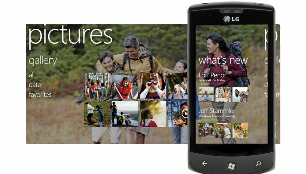 NETTBILDER: Under Pictures i Windows Phone 7 kan du også få fram bilder fra Facebook og Live-kontoen din.