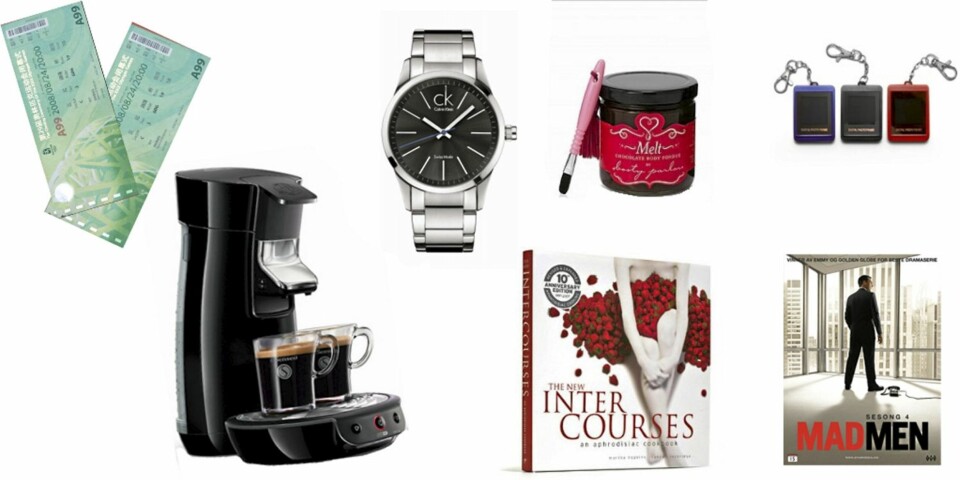 FOR HAN: Reise for to, Oslo- Paris med Ryanair (kr 2000), kaffemaskin fra Elkjøp (kr 698), klokke fra Calvin Klein (kr 1590), kroppsmaling av sjokolade fra Victoria`s Secret (kr 100), sexy oppskriftsbok fra amazon, lag en middag til han (kr 120), nøkkelring med digital fotoramme fra gifts.com (kr 50), Mad Men sesong 4 fra cdon (kr 249)