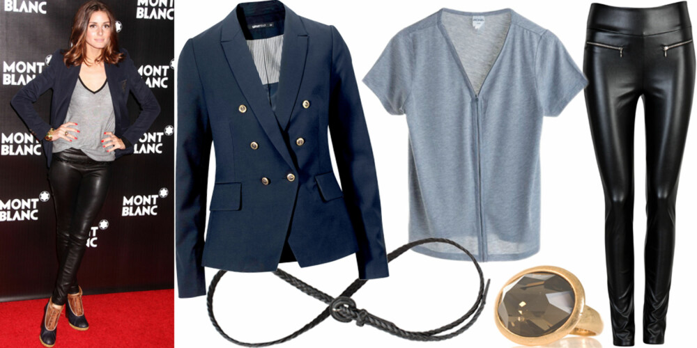 FRA VENSTRE: Blazer fra Gina Tricot (kr 599), belte fra Bik Bok (kr 129), T-skjorte fra Monki (kr 150), ring fra Arts & Craft (kr 398), tights fra Bik Bok (kr 299).