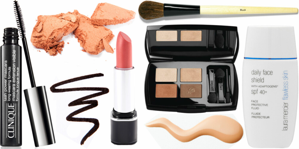 FRA VENSTRE: Clinique Lash Power Mascara (kr 180), Korres Zea Mays Powder Blush i fargen Natural (kr 239), Dior Crayon Eyeliner i fargen Brown (kr 190), ELizabeth Arden Colour Intrigue Effects Lipstick (kr 200), Bobbi Brown Blush Brush (kr 400), Lnacôme Obre Absolue palette nt. F10 (kr 425), Estée Lauder Nutritionist Vita-Mineral Foundation (kr 375), Laura Mercier Flawless Skin Daily Face Shield SPF 40+ (kr 450). FRA VENSTRE: Clinique Lash Power Mascara (kr 180), Korres Zea Mays Powder Blush i fargen Natural (kr 239), Dior Crayon Eyeliner i fargen Brown (kr 190), ELizabeth Arden Colour Intrigue Effects Lipstick (kr 200), Bobbi Brown Blush Brush (kr 400), Lnacôme Obre Absolue palette nt. F10 (kr 425), Estée Lauder Nutritionist Vita-Mineral Foundation (kr 375), Laura Mercier Flawless Skin Daily Face Shield SPF 40+ (kr 450).
