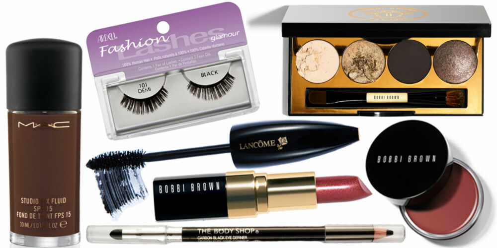 FRA VENSTRE: Mac Studio Fix Fluid Foundation (kr 235), The Body Shop Carbon Black Eye Defienr (kr 98), Lancôme Hypnôse Drama Mascara (kr 275), Ardell Fashion Lashes Glamour nr. 101 Demi (kr 99), Bobbi Brown Metallic Lip Colour i fargen Jewel Red (kr 210), Bobbi Brown Sultry Eye palette (kr 475), Bobbi Brown Pot Rouge for Lips and Cheeks i fargen Pink Truffle (kr 220). FRA VENSTRE: Mac Studio Fix Fluid Foundation (kr 235), The Body Shop Carbon Black Eye Defienr (kr 98), Lancôme Hypnôse Drama Mascara (kr 275), Ardell Fashion Lashes Glamour nr. 101 Demi (kr 99), Bobbi Brown Metallic Lip Colour i fargen Jewel Red (kr 210), Bobbi Brown Sultry Eye palette (kr 475), Bobbi Brown Pot Rouge for Lips and Cheeks i fargen Pink Truffle (kr 220).