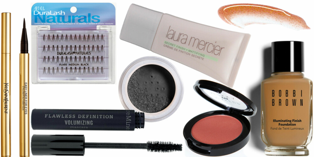 FRA VENSTRE: YSL Easy Liner for Eyes (kr 255), Ardell Duralash Naturals punktvipper (kr 89), bare Minerals Flawless Definition Volumizing Mascara (kr 319), e.l.f. Mineral Eyeshadow i fargen Seductive (kr 33) Laura Mercier Secret Finish (kr 315), Makeup Mekka Blush i fargen Coral Sun (kr 179), The Body Shop Hi Shine Lip Treatment i fargen 03 Bronze beam (kr 149), Bobbi Brown Lumnious Moisturizing Foundation (kr 470). FRA VENSTRE: YSL Easy Liner for Eyes (kr 255), Ardell Duralash Naturals punktvipper (kr 89), bare Minerals Flawless Definition Volumizing Mascara (kr 319), e.l.f. Mineral Eyeshadow i fargen Seductive (kr 33) Laura Mercier Secret Finish (kr 315), Makeup Mekka Blush i fargen Coral Sun (kr 179), The Body Shop Hi Shine Lip Treatment i fargen 03 Bronze beam (kr 149), Bobbi Brown Lumnious Moisturizing Foundation (kr 470).