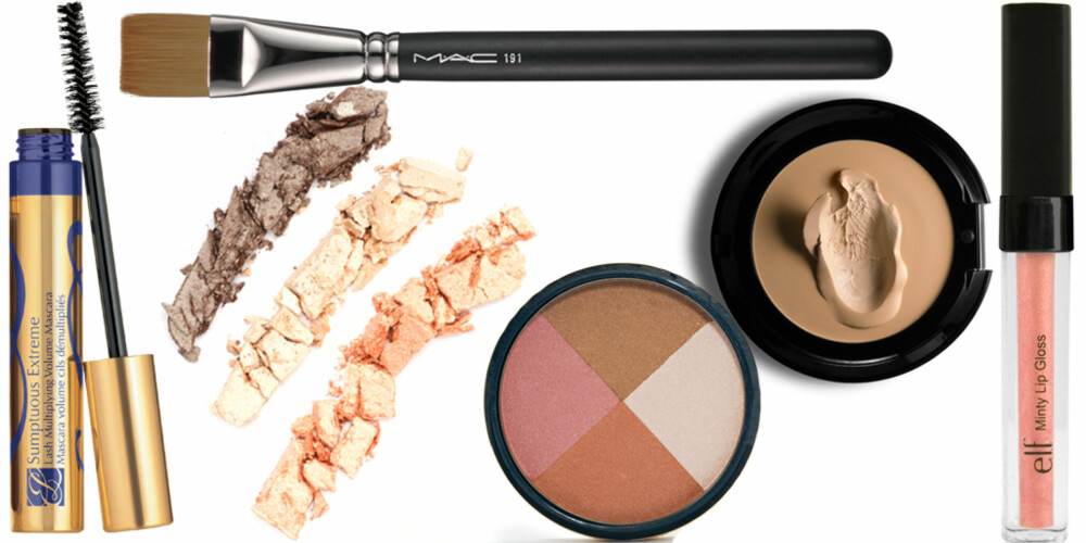 FRA VENSTRE: Estée Lauder Sumptuous Mascara Black (kr 200), Mac Square Foundation Brush nr. 191 (kr 330), L'Oréal Quad Pro i fargen 303 Beige Taupe (kr 144), Jane Iredale Sunbeam Quad Bronze (kr 498), Bobbi Brown Cream Cioncealer Kit (kr 295), e.l.f. Minty Lip Gloss i fargen Nashville (kr 39). FRA VENSTRE: Estée Lauder Sumptuous Mascara Black (kr 200), Mac Square Foundation Brush nr. 191 (kr 330), L'Oréal Quad Pro i fargen 303 Beige Taupe (kr 144), Jane Iredale Sunbeam Quad Bronze (kr 498), Bobbi Brown Cream Cioncealer Kit (kr 295), e.l.f. Minty Lip Gloss i fargen Nashville (kr 39).