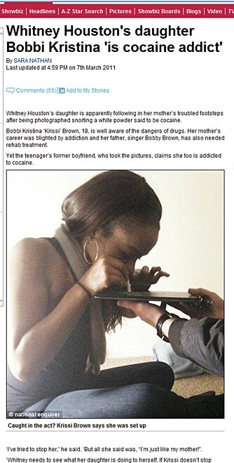 Bobbi Kristina Brown anklages for kokainmisbruk i Daily Mail. De bringer blant annet dette talende bildet.