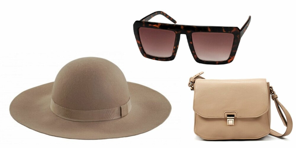 FRA VENSTRE: Hatt fra Monki (kr 180), solbriller fra Gina Tricot (kr 59), veske fra Zara (kr 399).