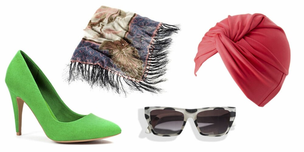 FRA VENSTRE: Pumps fra Zara (kr 399), sjal fra H&M (kr 99), solbriller fra H&M (kr 69,50) og turban fra Gina Tricot (kr 79).