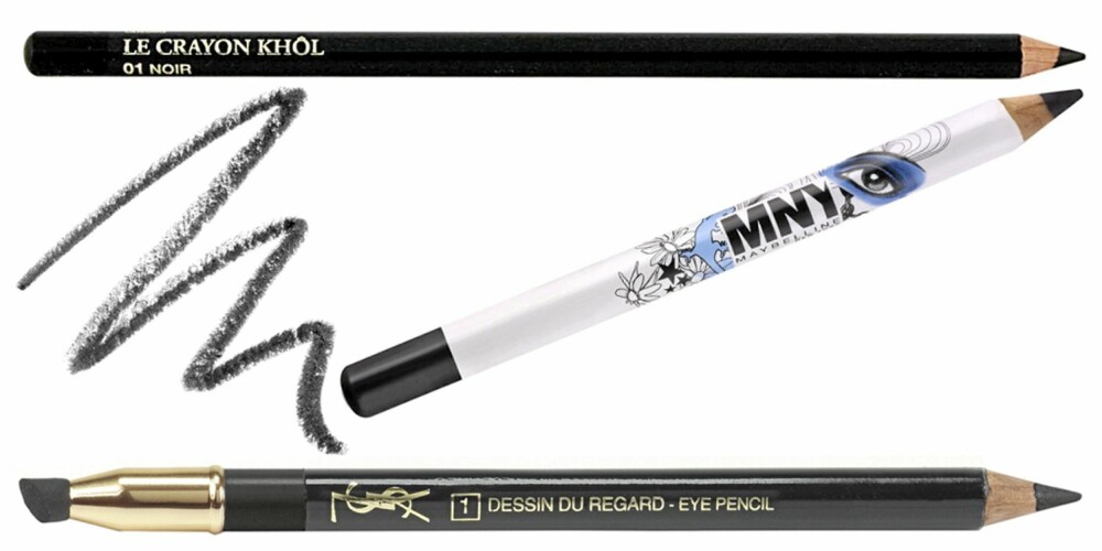 KAJAL: Lancôme Le Crayon Khôl Eyeliner (kr 165), The Body Shop Eye Definer (kr 98), Maybelline MNY My Liner (kr 39), YSL Long Lasting Eye Pencil (kr 180).