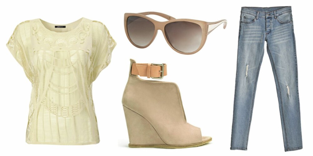 FRA VENSTRE: Topp fra Gina Tricot (kr 199), sko fra Zara (kr 799), solbriller fra Zara (kr 279) og jeans fra Cheap Monday (kr 400).
