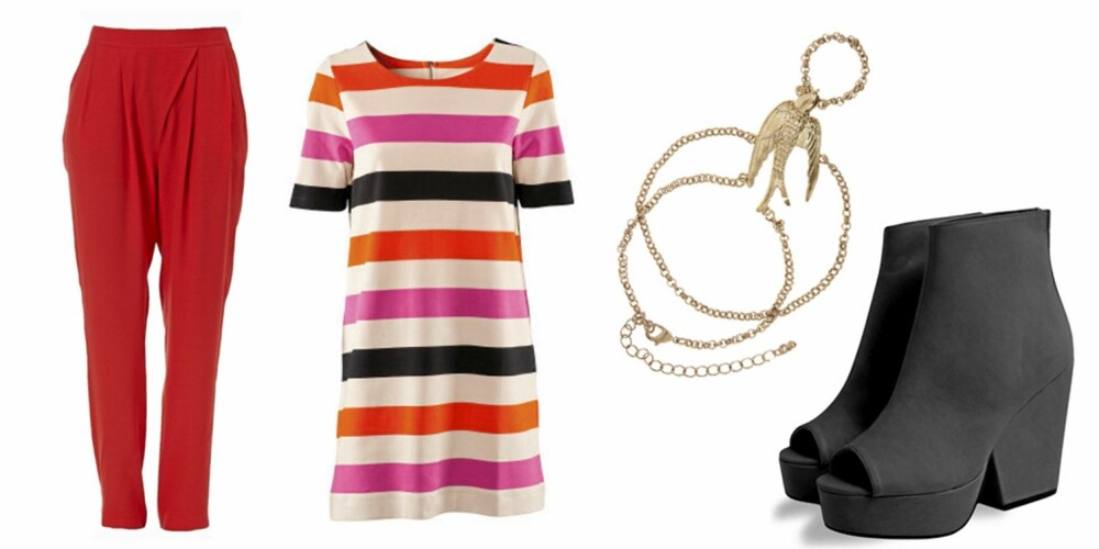 FRA VENSTRE: Bukser fra Gina Tricot (kr 299), kjole fra HM (kr 249), kombinert armbånd og ring fra Asos.com (kr 104) og sko fra Weekday (kr 500).