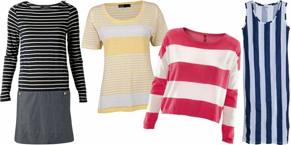 FRA VENSTRE: Kjole fra Mango (kr 449), T-skjorte fra Cubus (kr 99), genser fra HM (kr 149), singlet fra Monki (kr 200).