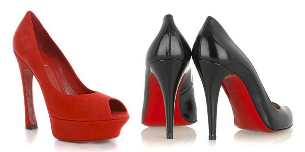 KOPI?: Skoene til venstre er YSL sine Palais-sko med røde såler som Louboutin reagerer på. De til venstre er originale Louboutin-pumps med de klassiske røde sålene.