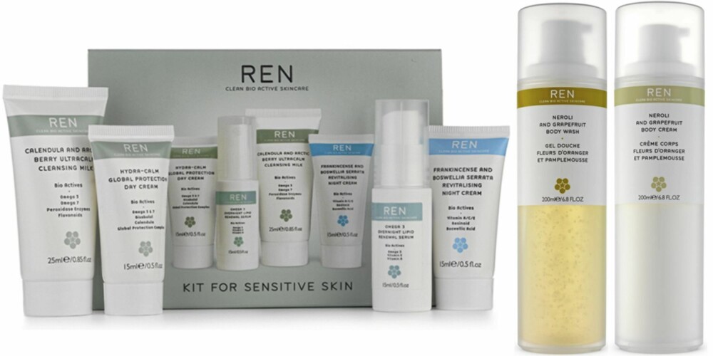 SKJØNNHETSPRODUKTER FRA REN: Reisekit for sensitiv hud (kr 125), Neroli and Grapefruit Body Wash (kr 195), Neroli and Grapefruit Body Cream (kr 255).