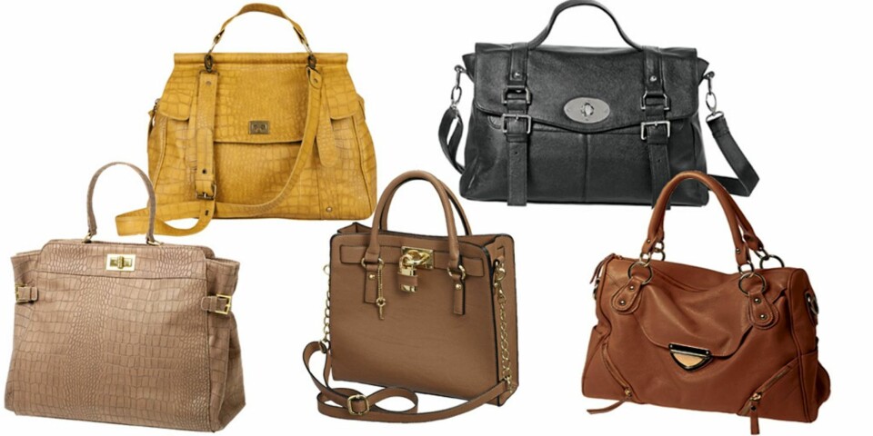 FRA VENSTRE: Gul veske (kr 249), beige fra Morris (kr399), lys brun fra Gina Tricot (kr 249), svart fra Kappahl (kr 249) og brun (kr 900) fra Asos.