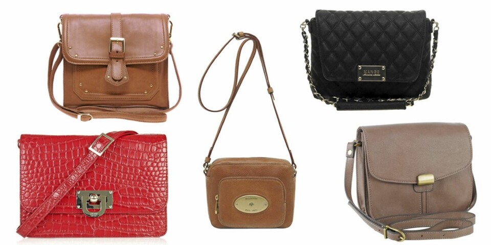 FRA VENSTRE: Brun skinnveske (kr 900) fra Asos, rød veske (kr 1800) DKNY, brun fra Mulberry (kr 4150), svart fra Mango (kr 300), og grå veske (kr 280) fra Accessorize.