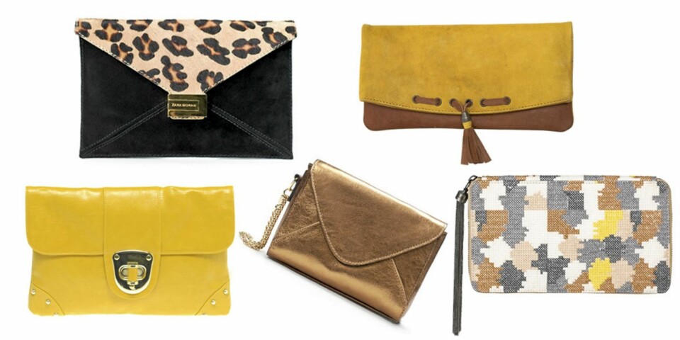 FRA VENSTRE: Gul clutch fra Asos (kr 150), leopardmønstret (kr 679) og metallisk (kr 679), begge fra Zara. Gul og brun fra Filippa K (kr 1000), mønstrete clutch (kr 1199) fra InWear.