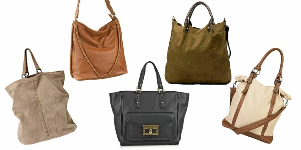 FRA VENSTRE: Beige fra Rizzo (kr 995), brun fra InWear (kr 1999), svart fra Marc by Marc Jacobs (kr 5400), grønn fra Zara (679), og hvit og brun fra Cubus (kr 249).
