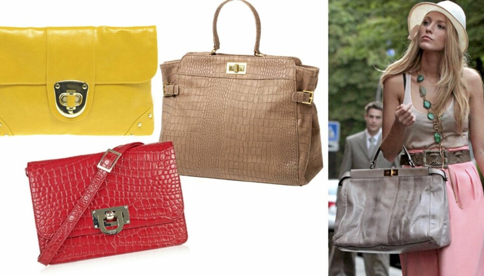 VÅRKLAR: Finn deg en favoritt blant sesongens flotteste vesker. Gul clutch fra Asos (kr 150), rød skulderveske fra DKNY (kr 1800), beige håndveske fra Morris (kr 399). Blake Lively med en trendy håndveske på armen.
