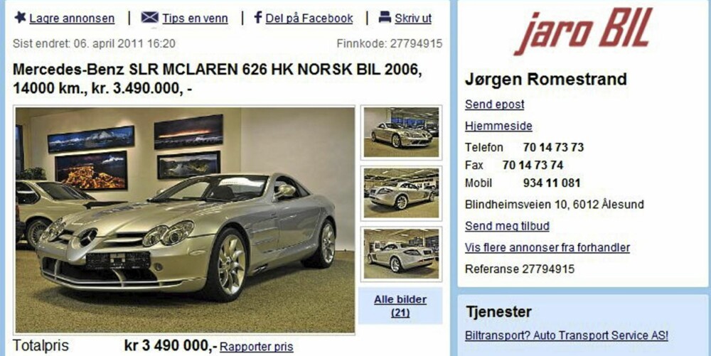 EN AV TO: Dette var en av to McLaren SLR til salgs på finn.no. Den andre - en 2005-modell - kostet en halv million mindre. FOTO: Skjermdropp