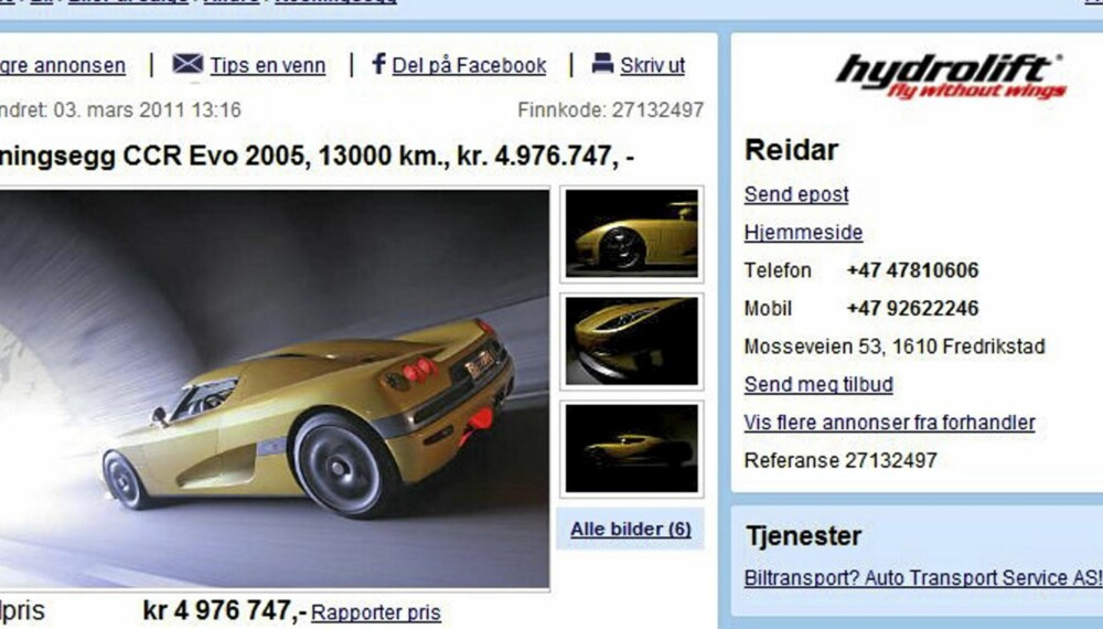 DYREST: Denne Koenigsegg'en var den dyreste vi fant på finn.no.