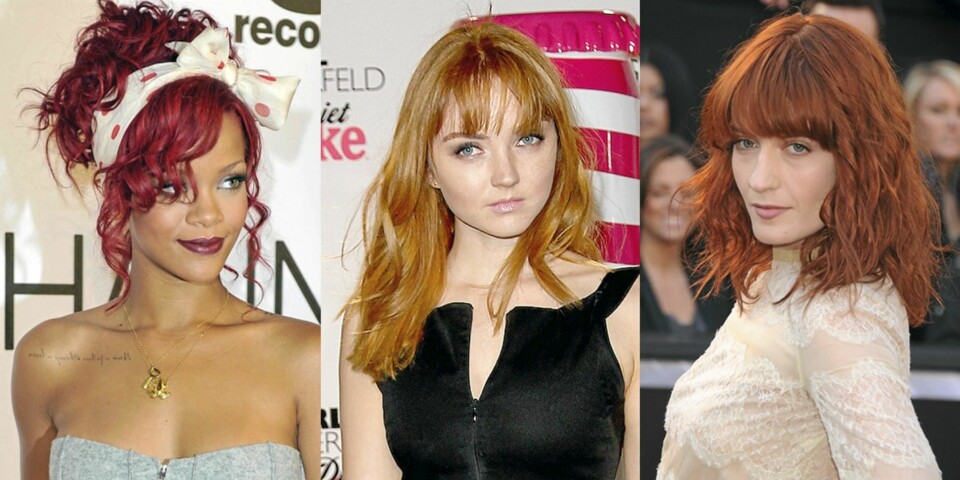 RØDT HÅR: RIHANNA; Lily Cole og Florence Welch har helt riktig hårfarge denne sesongen.
