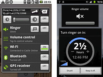 FULL KONTROLL: Quick Settings (t.v.) lar deg stille inn det meste på mobilen med noen tastetrykk, mens Shush! lar deg bestemme hvor lenge mobilen skal være lydløs.