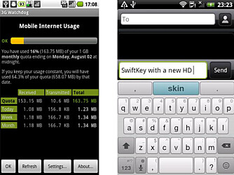 OVERSIKT OG TASTATUR: 3G Watchdog (t.v.) gir deg oversikten over hvor mye datatrafikk du har brukt. SwiftKey er et av de aller beste tastaturene til Android, og pønsker ut hva du holder på å skrive.