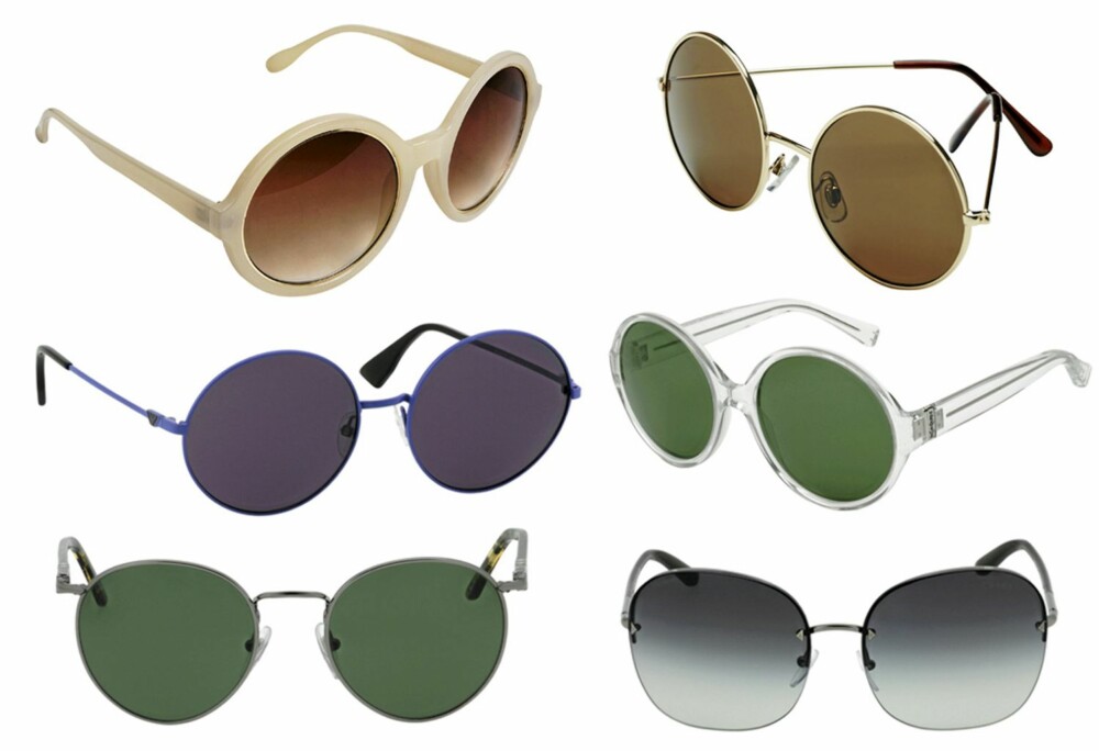 ØVERST FRA VENSTRE: Beige solbriller fra Glitter (kr 90), runde fra HM (kr 69), blå solbriller fra Emporio Armani (kr 1610), transparent glass fra YSL (kr 2475) runde briller fra Prada (kr 2490) og briller fra Prada (kr 2490).