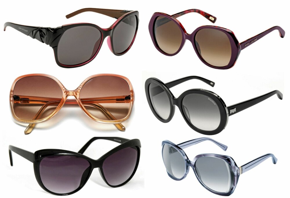 ØVERST FRA VENSTRE: Briller fra Valentino (kr 2225), røde briller fra Marc Jacobs (kr 2490), ferskenfargede fra mango (kr 299), sorte briller fra Max Mara (kr 2025), sorte briller fra Zara (kr 249) og blå briller fra YSL (kr 2585).