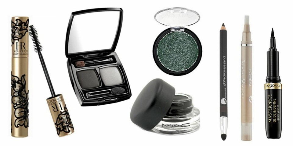 FRA VENSTRE: Helena Rubinstein Lash Queen Sexy Blacks mascara (kr 280), Chanel Duo Eyeshadow i Gris Sublime (kr 370), MAC Fluidline eyeliner (kr 150) Nouba øyenskygge i fargen Nombra (kr 199), kajal fra Glo Minerals (kr 149), L'Oréal Touche Magique concealer (kr 119) og Max Factor eyelinertusj (kr 99).