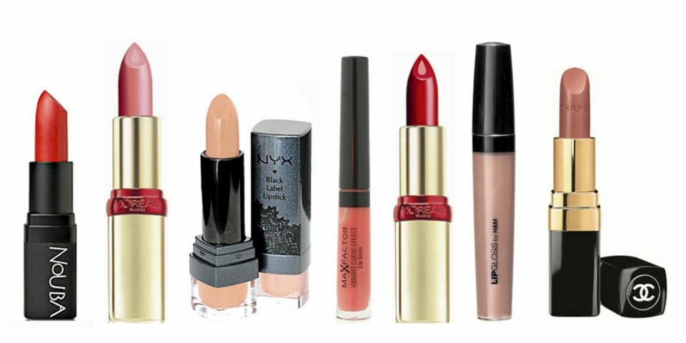 FRA VENSTRE: Leppestift fra Nouba i fargen 326 (kr 175), L'Oréal Color Riche (kr 139), NYX i Satin (kr 125) og Max Factor i Vibrant (kr 115), L'Oréal Color Riche (kr 139), lipgloss fra HM (kr 39,50), Rouge Coco Hydrating i Chintz (kr 260).