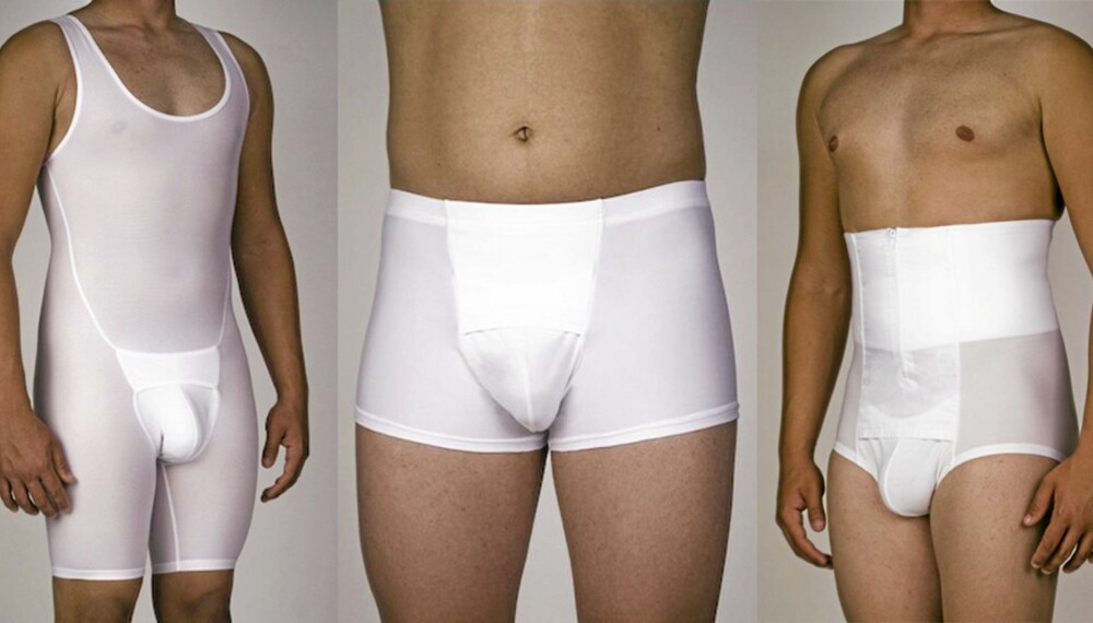 FRA VENSTRE: heldragt, boxershorts, mavetrimmer. FRA VENSTRE: heldragt, boxershorts, mavetrimmer.