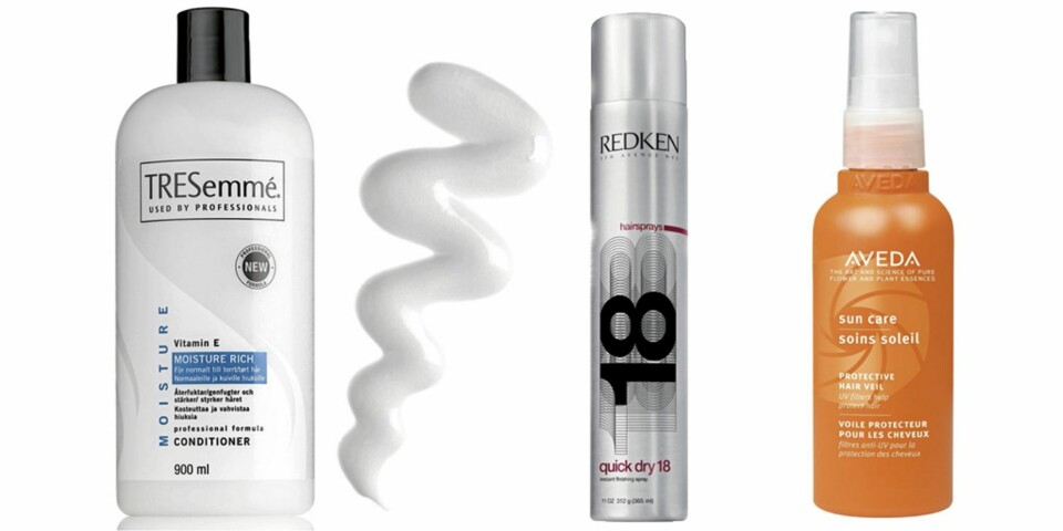 FRA VENSTRE: Moisture Rich Conditioner fra TRESemmé (kr 89,90 for 900 ml), hårspray Quick Dry 18 fra Redken (kr 268 for 365 ml), Protective Hair Veil fra Aveda (kr 370 for 100 ml).
