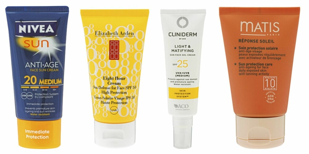 SOLBESKYTTELSE: Nivea Anti-age Face sun cream (kr 129), Elizabeth Arden Eight Hour sun cream (kr 230), Cliniderm City Protection Sun gel (kr 99) og Matis Anti-ageing Sun Protection (kr 399).
