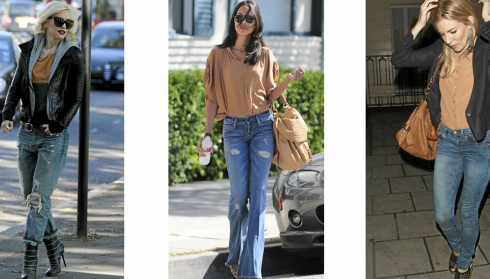 FLATTERENDE FASONGER: Gwen Stefani har valgt en tøff boyfriend-jeans, Zoe Saldana har gått for en glamorøs 70-talls slengbukse, mens Sienna Miller viser frem sine flotte bein i skinny jeans.