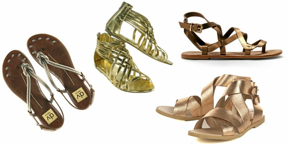 FRA VENSTRE: Sandaler med sølvreim fra DV (kr 313), gull fra Ellos (kr 149), sandal med smale bronsereimer (kr 399) fra Zara, og sandal med brede bronsereimer fra Topshop (kr 376).