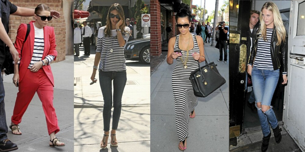 MARITIMT: Ashley Olsen, Alessandra Ambrosioa, Kim Kardashian og Poppy Delevingne går for striper i sommer.