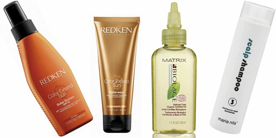 FRA VENSTRE: Redken Color Extend Sun Solar Screen (kr 338), Redken Color Extend Sun Waterwear (kr 338), Matrix Biolage Organic Oil Treatment (kr 226), Maria Nila scalp shampoo (kr 175).
