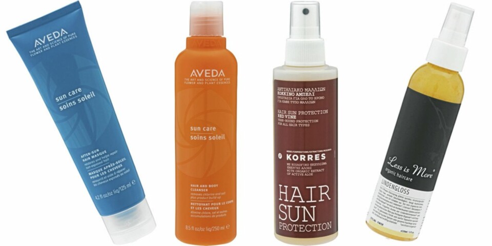 FRA VENSTRE: Aveda After sun hair masque (kr 270), Aveda Sun care haire and body cleanser (krr 315), Korres Hair sun protection (kr 149), Less is More Lindengloss finishspray (kr 290).