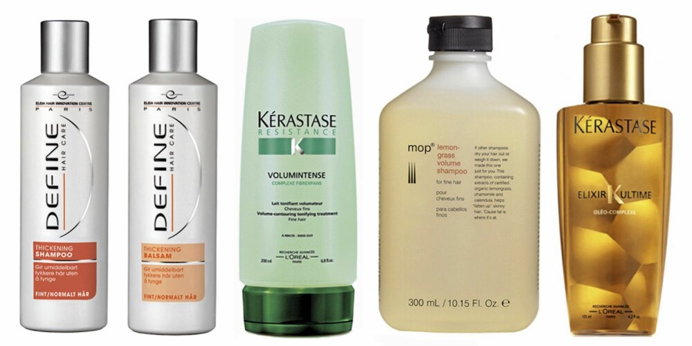 FRA VENSTRE: Define Thickening sjampo og balsam (kr 59 per stk), Kérastase Volumintense Treatment (ca kr 200), MOP Lemongrass Volume shampoo (ca kr 160) og Kérastase Elixir Ultime (kr 295). FRA VENSTRE: Define Thickening sjampo og balsam (kr 59 per stk), Kérastase Volumintense Treatment (ca kr 200), MOP Lemongrass Volume shampoo (ca kr 160) og Kérastase Elixir Ultime (kr 295).
