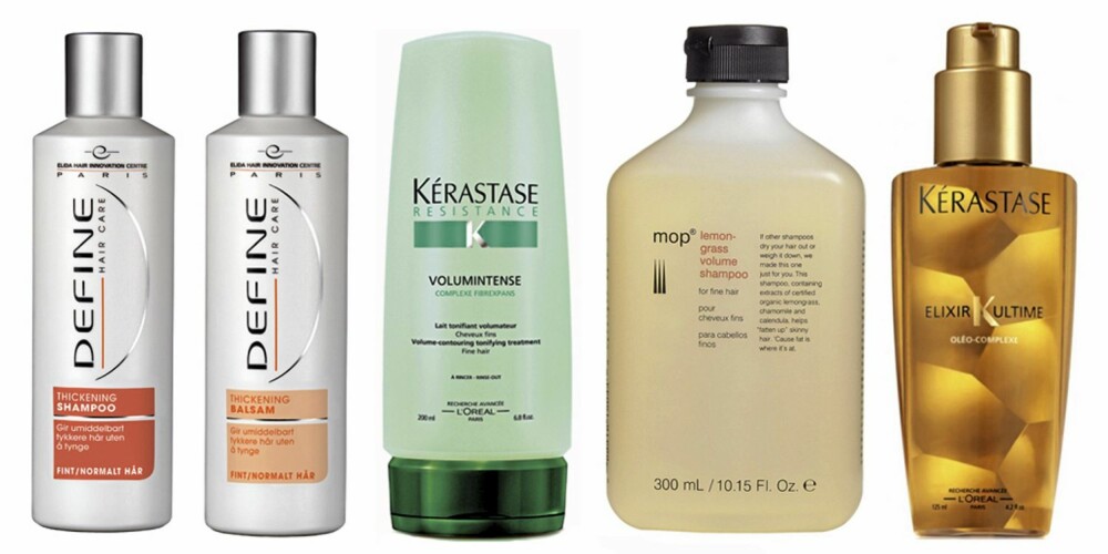 FRA VENSTRE: Define Thickening sjampo og balsam (kr 59 per stk), Kérastase Volumintense Treatment (ca kr 200), MOP Lemongrass Volume shampoo (ca kr 160) og Kérastase Elixir Ultime (kr 295).