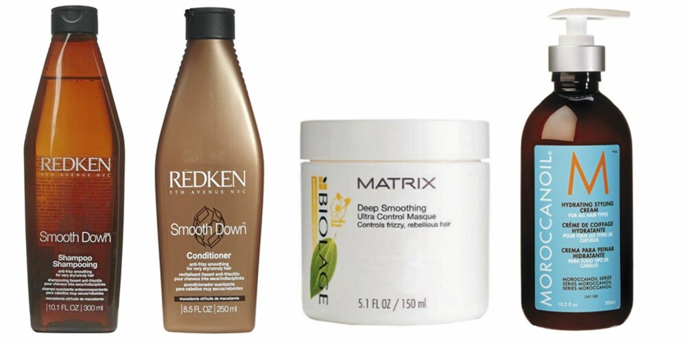 FRA VENSTRE: Redken Smooth Down Sjampo og balsam (kr 225 per stk), Matrix Deep Smoothing Masque (kr 220) og Moroccanoil Hydrating Styling Cream (ca kr 210). FRA VENSTRE: Redken Smooth Down Sjampo og balsam (kr 225 per stk), Matrix Deep Smoothing Masque (kr 220) og Moroccanoil Hydrating Styling Cream (ca kr 210).