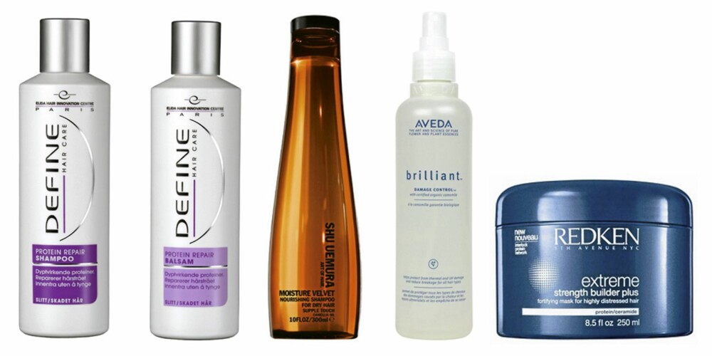 FRA VENSTRE: Define Protein Repair Sjampo og balsam (kr59), Shu Uemura Moisture Velvet shampoo (kr 360, Aveda Brilliant Damage Control (ca kr 280) og Redken Extreme Strength Builder (kr 355).