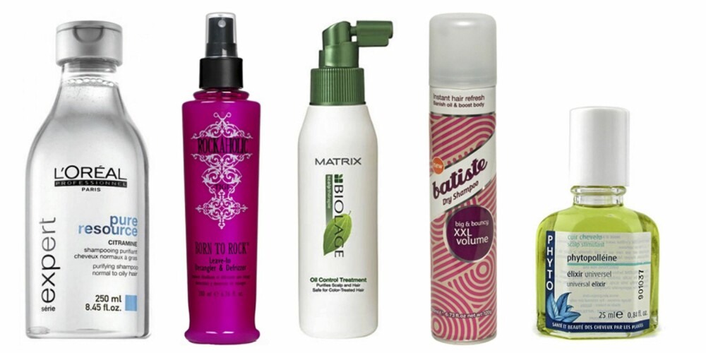 FRA VENSTRE: L'Oréal Pure resource shampoo (kr 159), TIGI Born To Rocke Leave In Detangler (kr 149), Biolage  Oil Control Treatment (ca kr 210), Batiste Tørrsjampo (kr 79) og Phyto Phytopolleine Scalp Stimulant (ca kr 200).