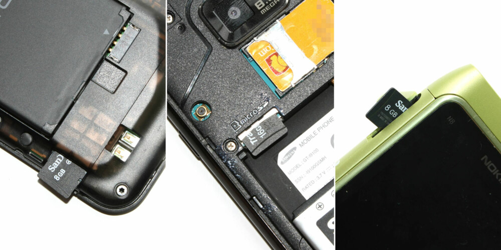 TRE PLASSERINGER: Minnekortet finner du enten under bakdekselet (til venstre), bak batteriet eller i en luke på siden av telefonen.
