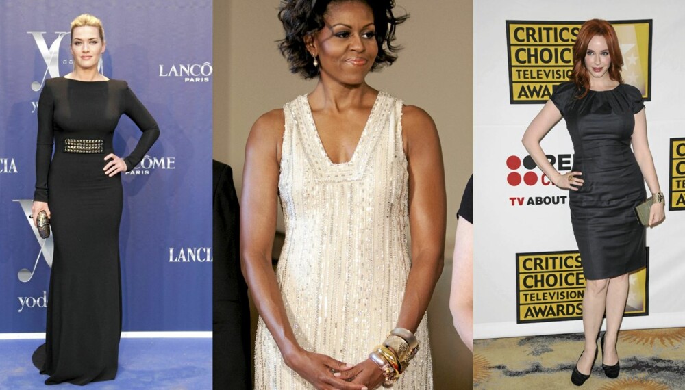FINE FIGURER: Kate Winslet markerer midjen, Michelle Obama balanserer antrekket med tilbehør og Christina Hendricks fremhever sin timeglassfigur.